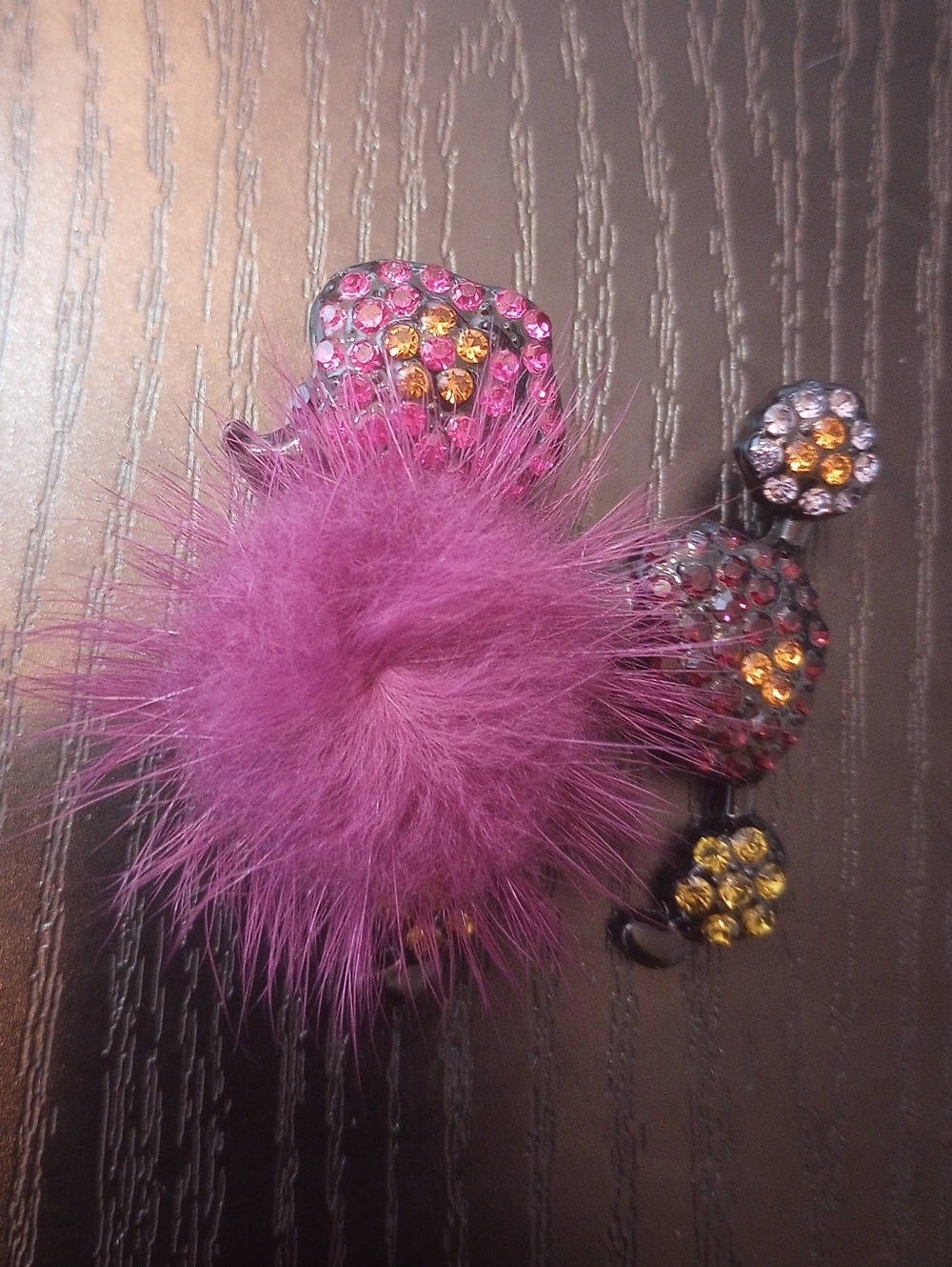 Black Fancy Purple Faux Fur Poodle Dog Rhinestone Brooch Pin